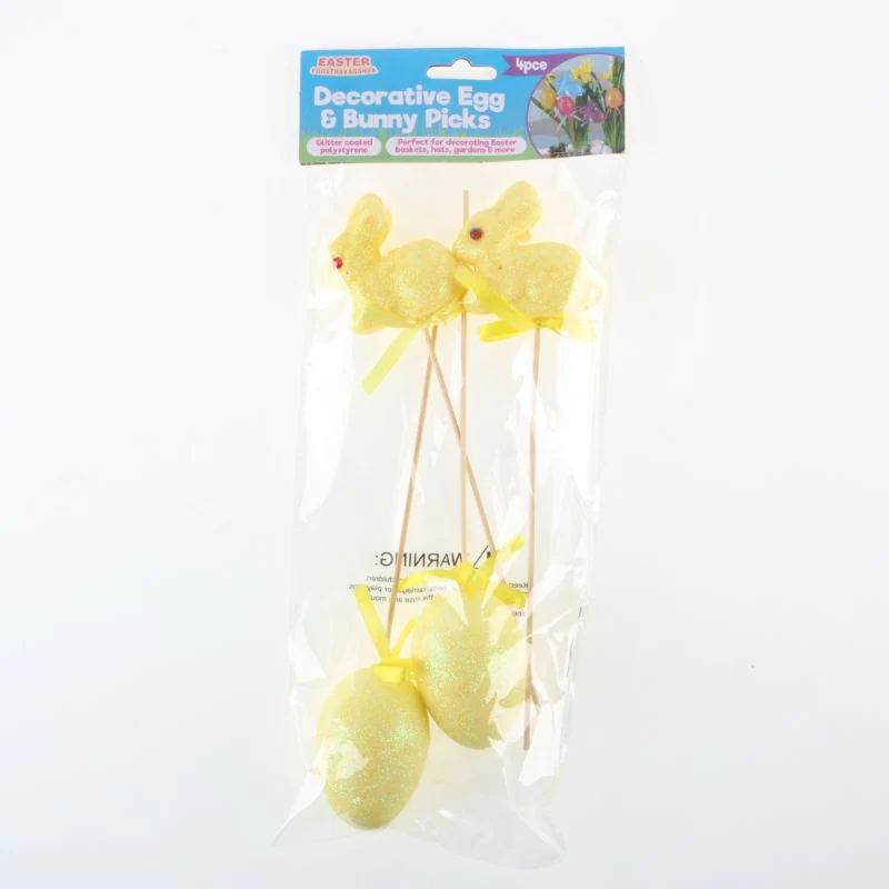 4 Pack Polystyrene Egg & Bunny On Pick with Glitter - Image 2