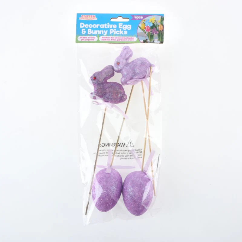 4 Pack Polystyrene Egg & Bunny On Pick with Glitter - Image 3