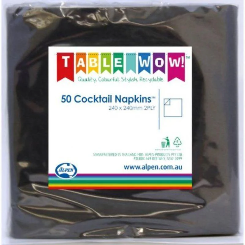 50 Pack Black Cocktail Napkins - 24cm x 24cm
