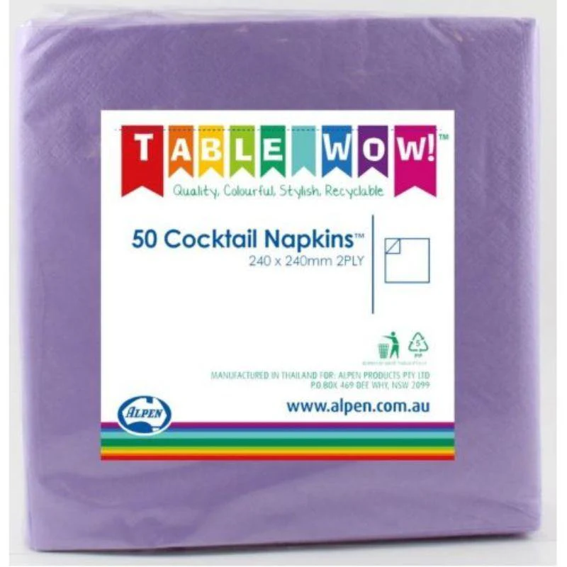 50 Pack Lavender Cocktail Napkins - 24cm