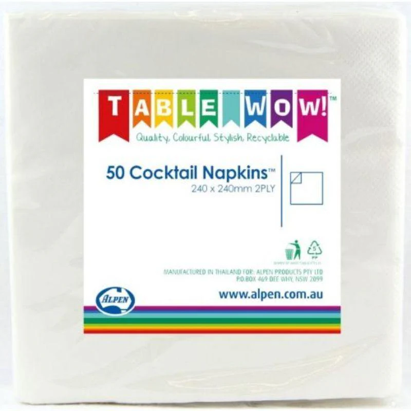 50 Pack White Cocktail Napkins - 24cm