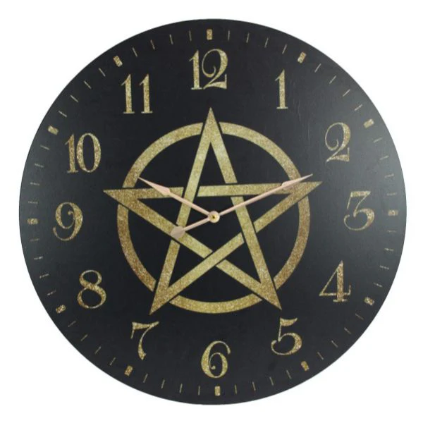 Black and Gold MDF Clock with Pentagram Design - 58cm