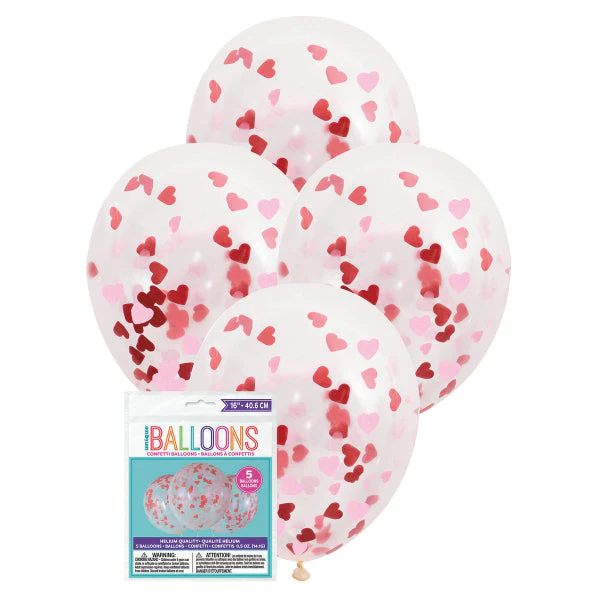 5 Pack Clear Balloons Pre-filled With Pink And Red Heart Shaped Tissue Confetti - 40cm