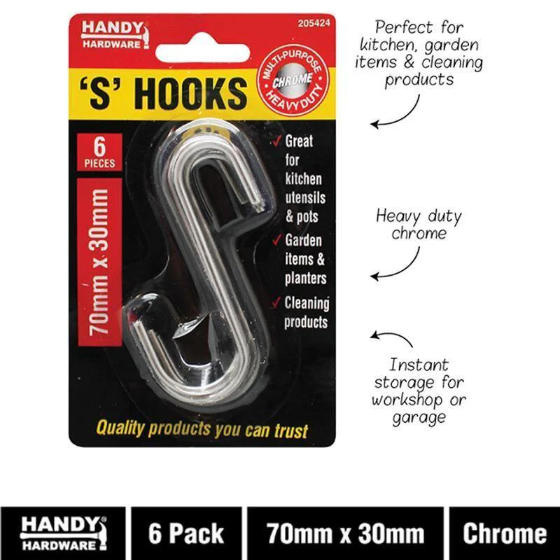 6 Pack Chrome S Hooks - 70mm x 30mm
