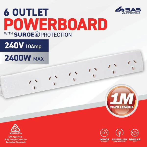 White 240V 10A Max Load 2400W 6 Outlets With Overload Protection Power Board - 1m - Image 2
