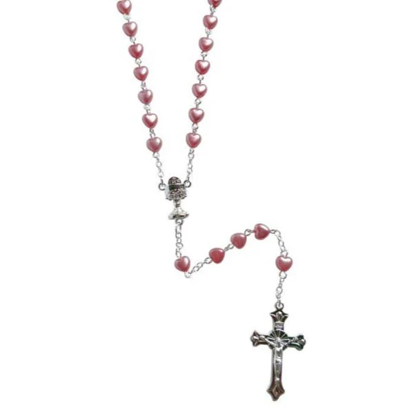 Pink Heart Shape Pearl Rosary With Holy Grail - 0.6cm