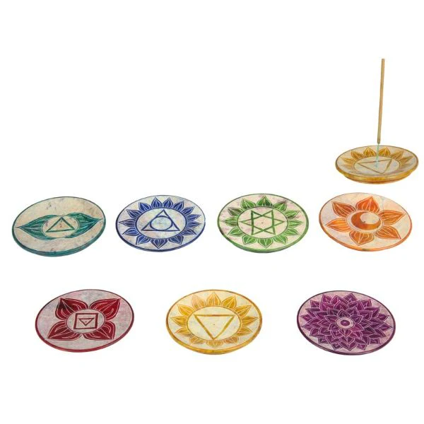 Soapstone 7 Chakra Round Incense Holder - 8cm