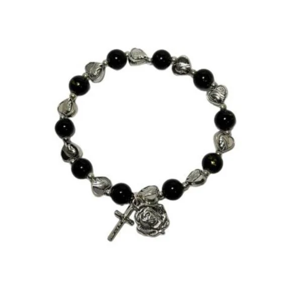 Elegant Rosary Bracelet With Alternating Glass And Alloy Beads And A Cross Charm - 0.7cm