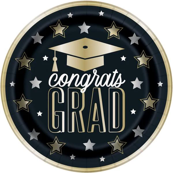 8 Pack Black & Gold Dazzling Graduation Paper Plates - 23cm