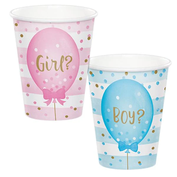 8 Pack Gender Reveal Balloons Paper Cups - 266ml
