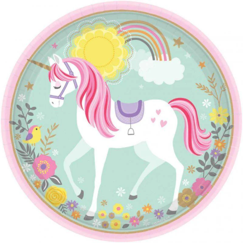 8 Pack Magical Unicorn Round Paper Plates - 23cm