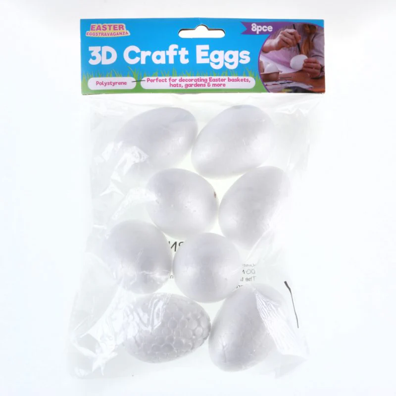 8 Pack White Polystyrene Plain Eggs - 4cm x 6cm