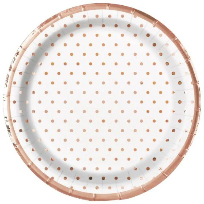 8 Pack Rose Gold Foil Mini Dots Paper Plates - 18cm