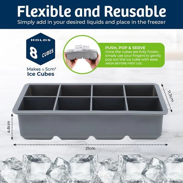 8 Large Cube Grey Silicone Ice Mould Maker Tray - 21cm x 11.3cm x 4.8cm - Image 4