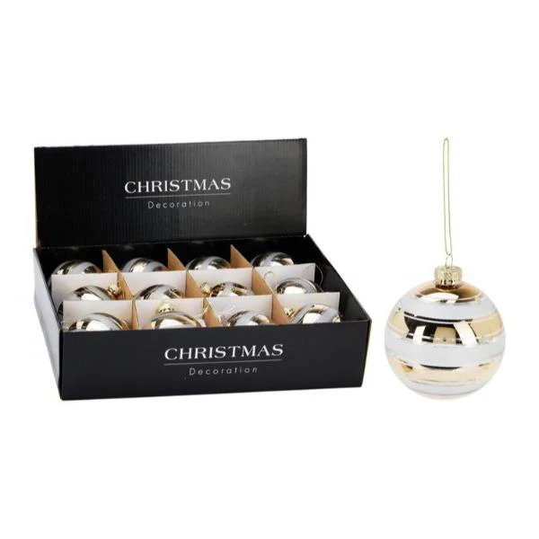 Gold & White Glass Bauble - 8cm