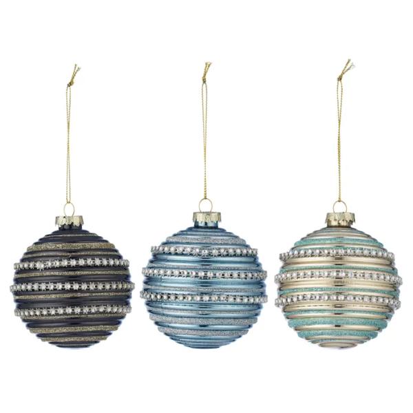 8cm Glass Bauble Embel Shiny Blk/Blu 3a