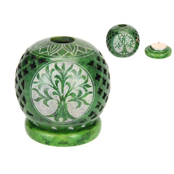 Soapstone Green Tealight Burner with Tree of Life Design - 9cm