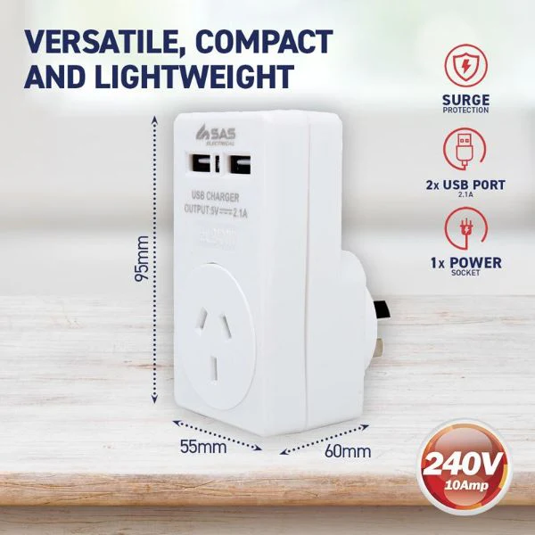 White 240V 10A Max Load 2400W Adaptor With Dual USB Ports - Image 4