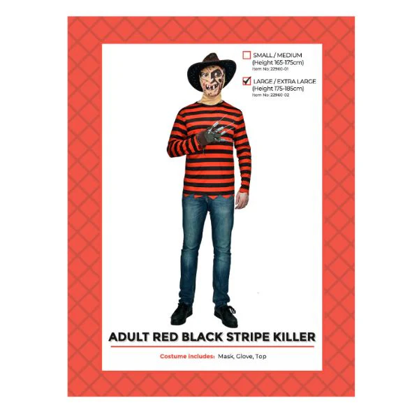 Adult Red Black Stripe Killer Man Costume - Large - X Large