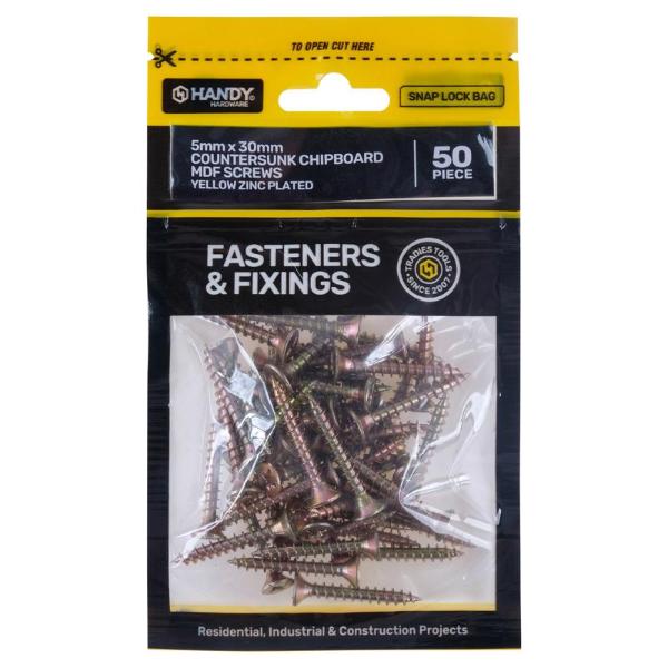 50 Pack Yellow Zinc Plated Countersunk Chipboard MDF Screws - 0.5cm x 3cm