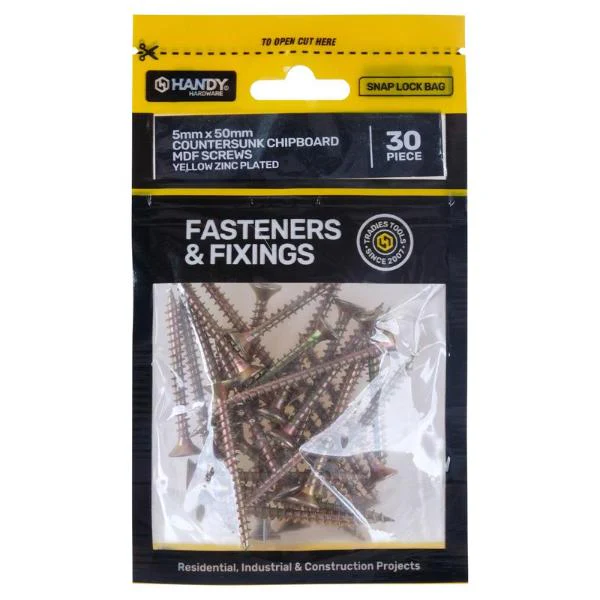 30 Pack Yellow Zinc Plated Countersunk Chipboard MDF Screws - 0.5cm x 5cm