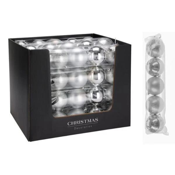 5 Pack Silver Bauble Set - 8cm