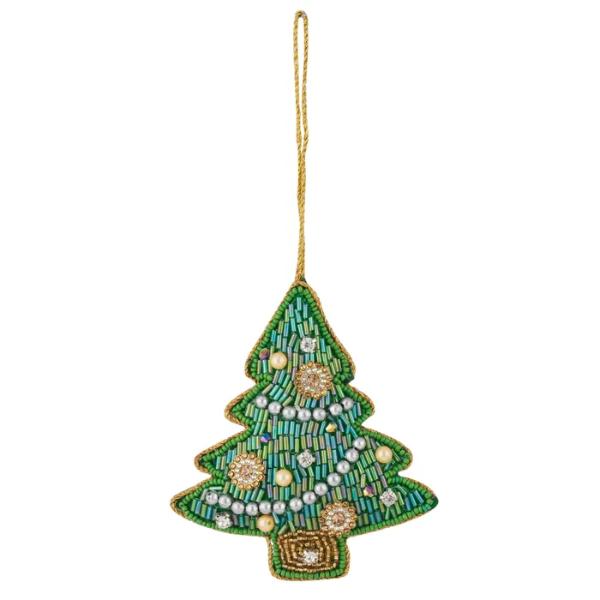 Beaded Xmas Tree Hanger Fab 8x10cm Grn