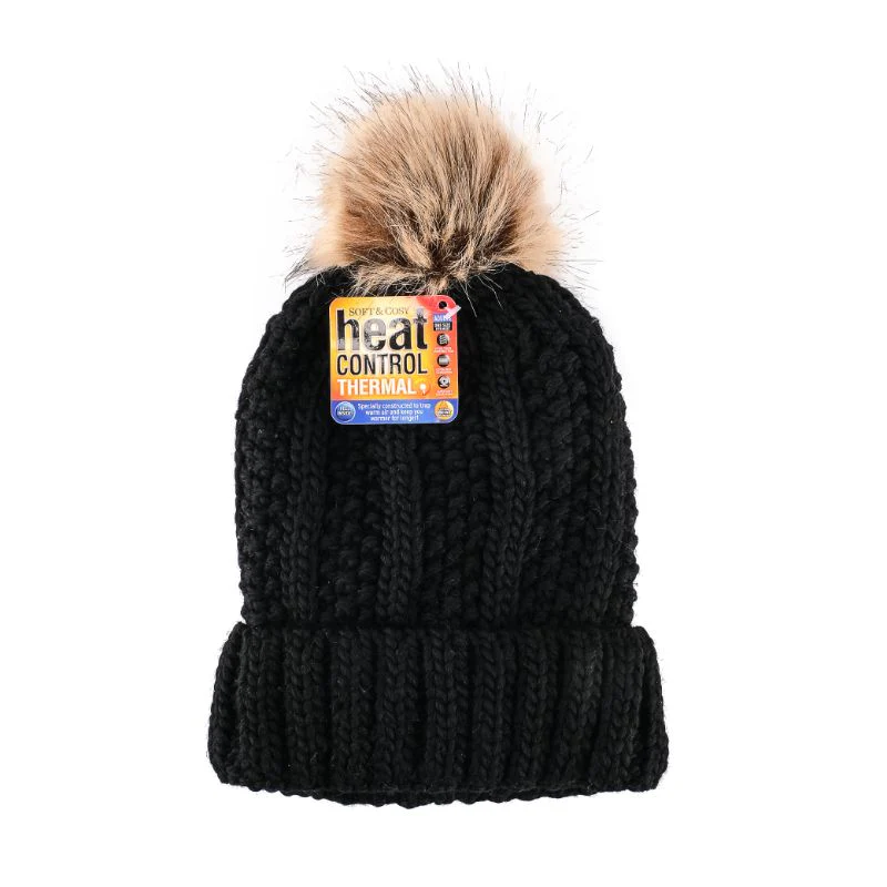 Womens Heat Control Thermal Lined Pom Pom Chunky Ribbed Knit Beanie - Image 3