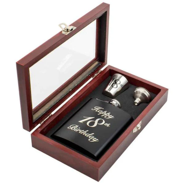 Black 18th Hip Flask Timber Gift Set - 210ml