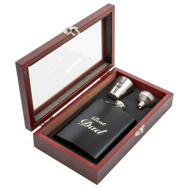 Black Best Dad Hip Flask Timber Gift Set - 210ml