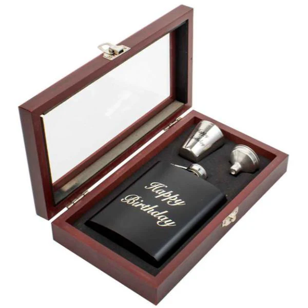 Black Happy Birthday Hip Flask Timber Gift Set - 210ml