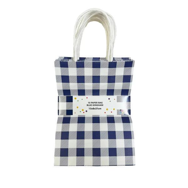 10 Pack Blue Gingham Paper Bag - 15cm x 8cm x 21cm - Image 4