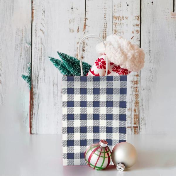 10 Pack Blue Gingham Paper Bag - 15cm x 8cm x 21cm - Image 5
