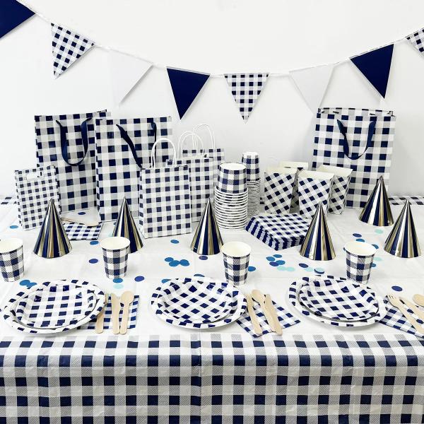 Blue Gingham Paper Table Cover - 180cm x 120cm - Image 2