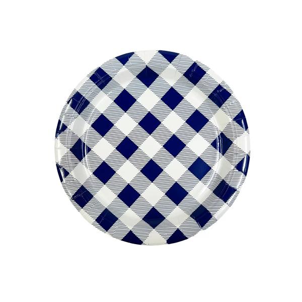 20 Pack Blue Gingham Paper Plate - 17cm