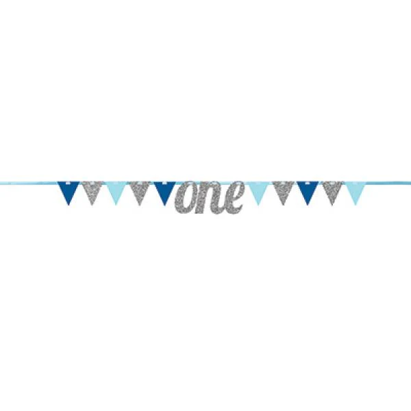 Silver & Blue Glittered One Banner Pennant - 20cm x 274cm
