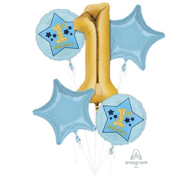 5 Pack Blue & Gold 1st Birthday Boy Foil Balloon Bouquet