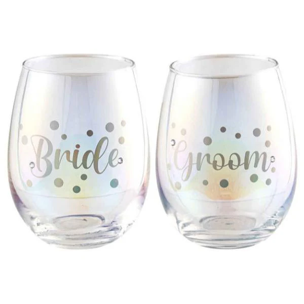 2 Pack Bride & Groom Stemless Holographic Glass Set - 560ml