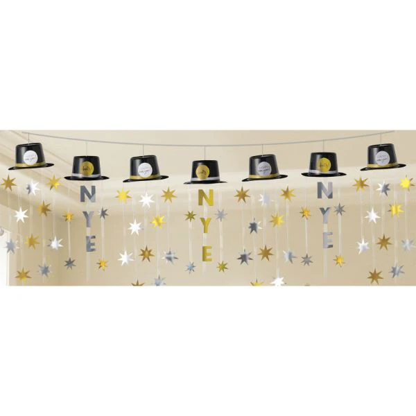 Black Silver & Gold New Year Eve Top Hat Garland - 3.6m