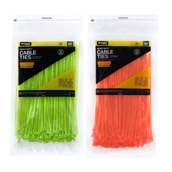 200 Pack Assorted Fluro Bulk Cable Ties - 20cm x 0.36cm