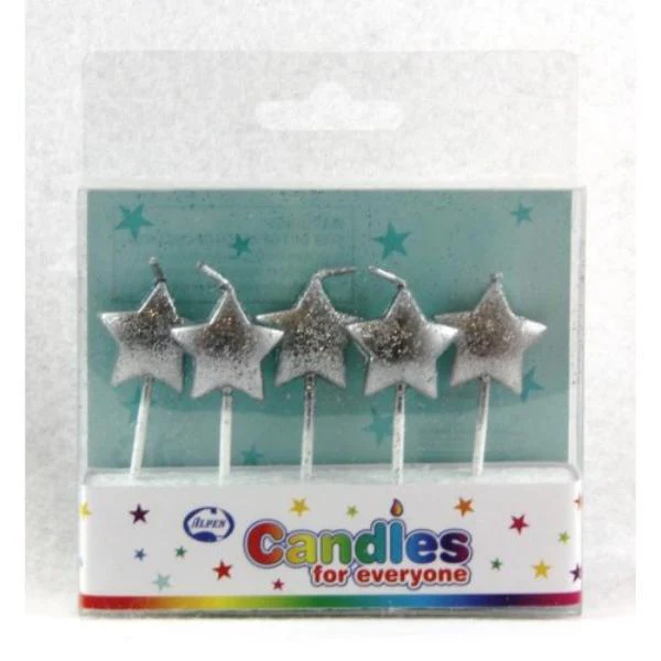 5 Pack Silver Glitter Star Candles