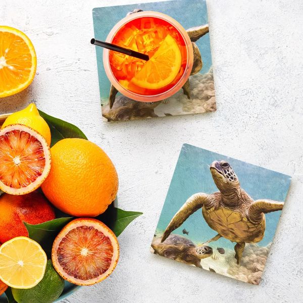 4 Pack Square Ceramic Elliot Turtle Coaster - 10cm x 10cm - Image 2