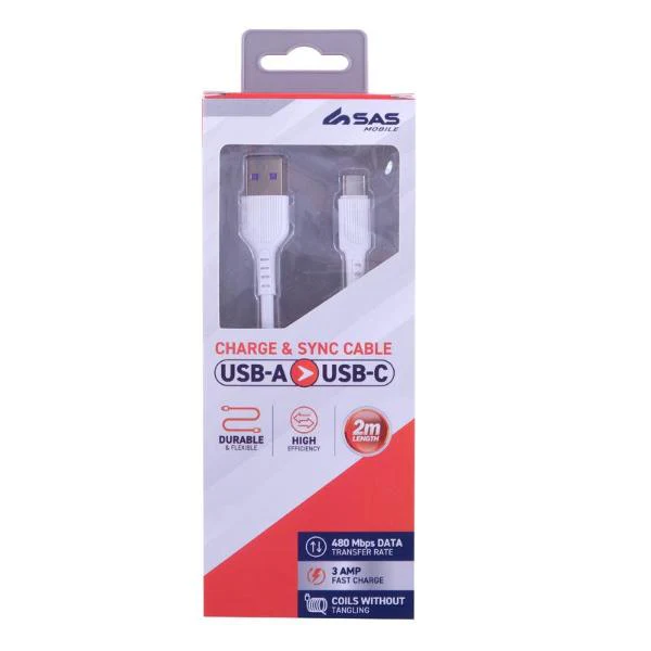White Charge & Sync USB A To Type C PVC Cable - 200cm