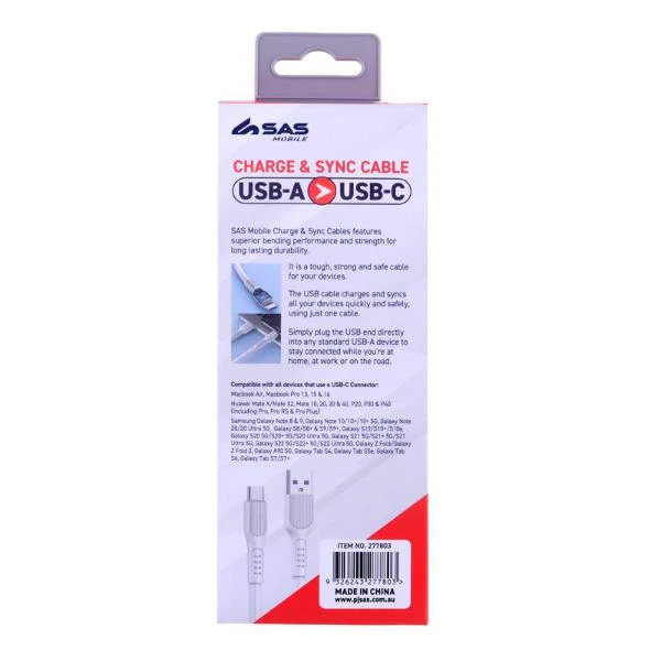 White Charge & Sync USB A To Type C PVC Cable - 200cm - Image 3