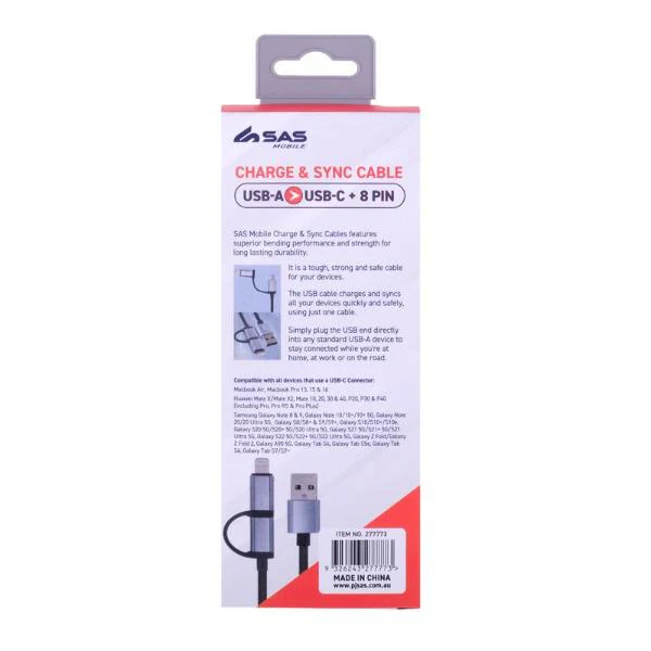 Grey Charge & Sync USB A To USB C & 8 Pin Polyester Cable - 100cm - Image 3