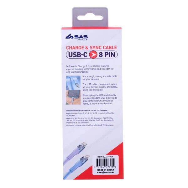 Assorted Charge & Sync USB C To 8 Pin PVC Cable - 200cm - Image 3