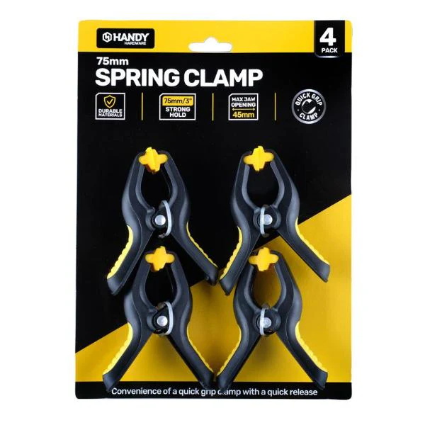 4 Pack Small Black & Yellow Clamp Spring With Soft Grip Handle - 7.5cm