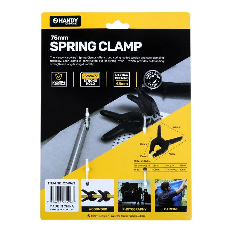 4 Pack Small Black & Yellow Clamp Spring With Soft Grip Handle - 7.5cm - Image 3