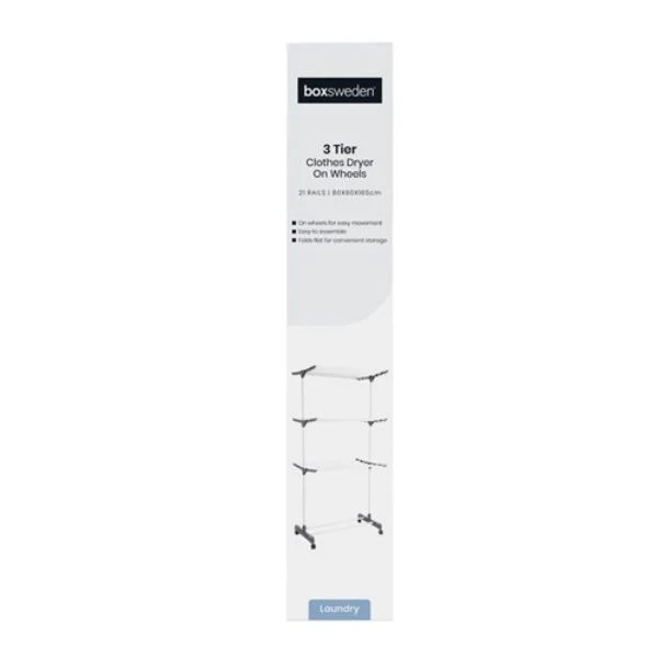 21 Rails 3 Tier Clothes Dryer On Wheels - 80cm x 60cm x 165cm - Image 4