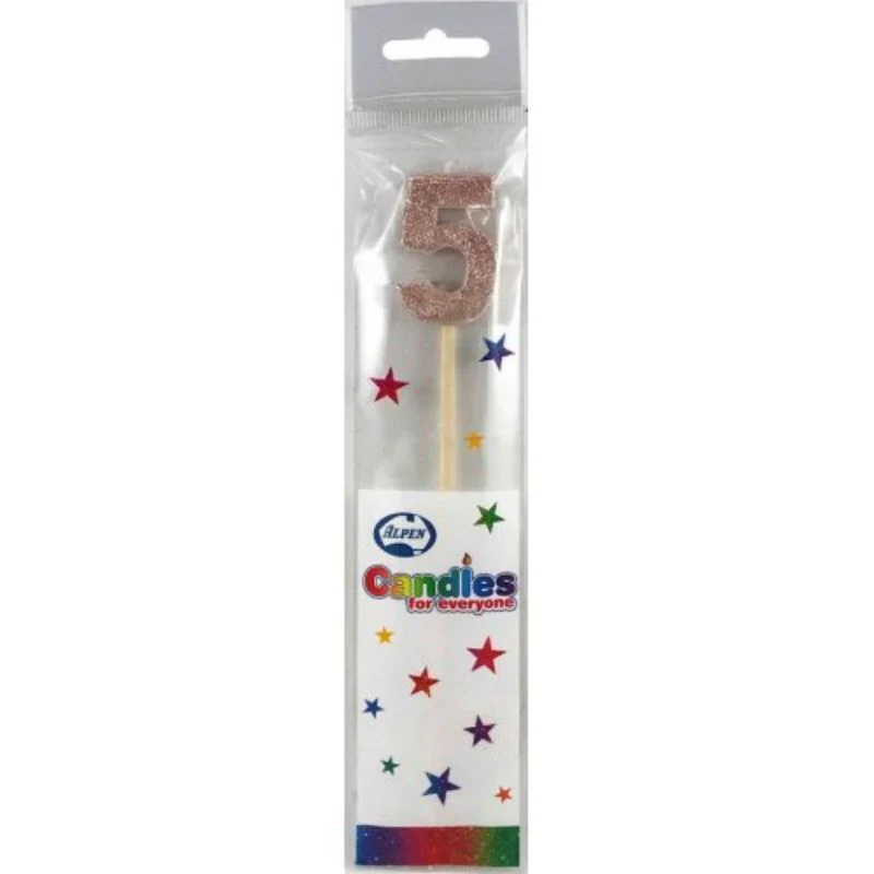 Rose Gold Glitter Long Stick Number 5 Candle
